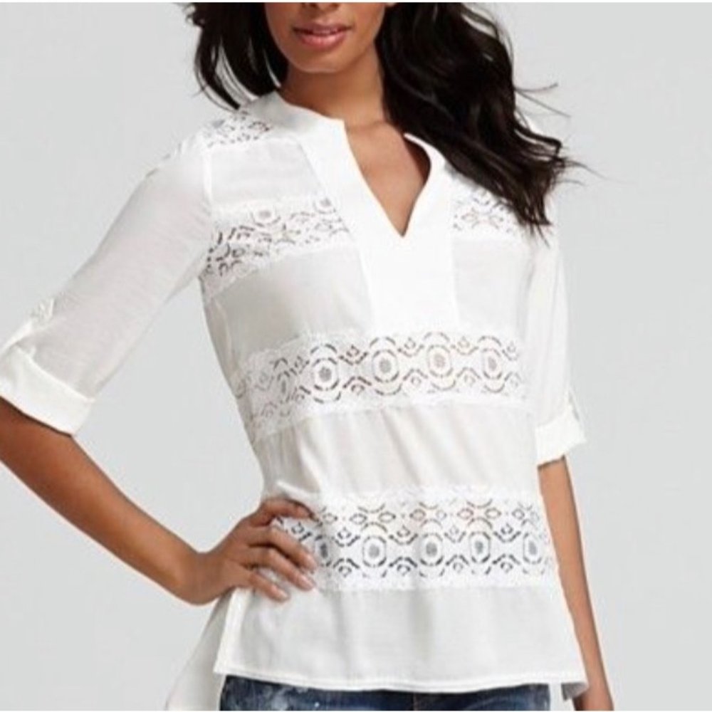 BCBG White 3/4 Sleeve Embroidered Lace Blouse